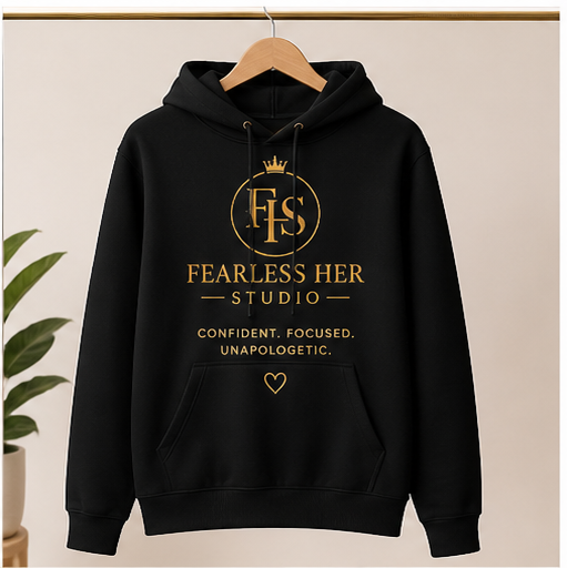 Black hoodie with gold text and logo on a beige background