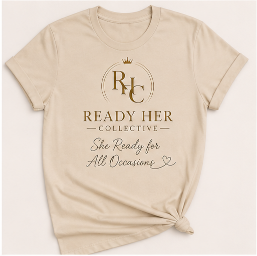 Beige t-shirt with 'Ready Her Collective' logo and text on a light pink background
